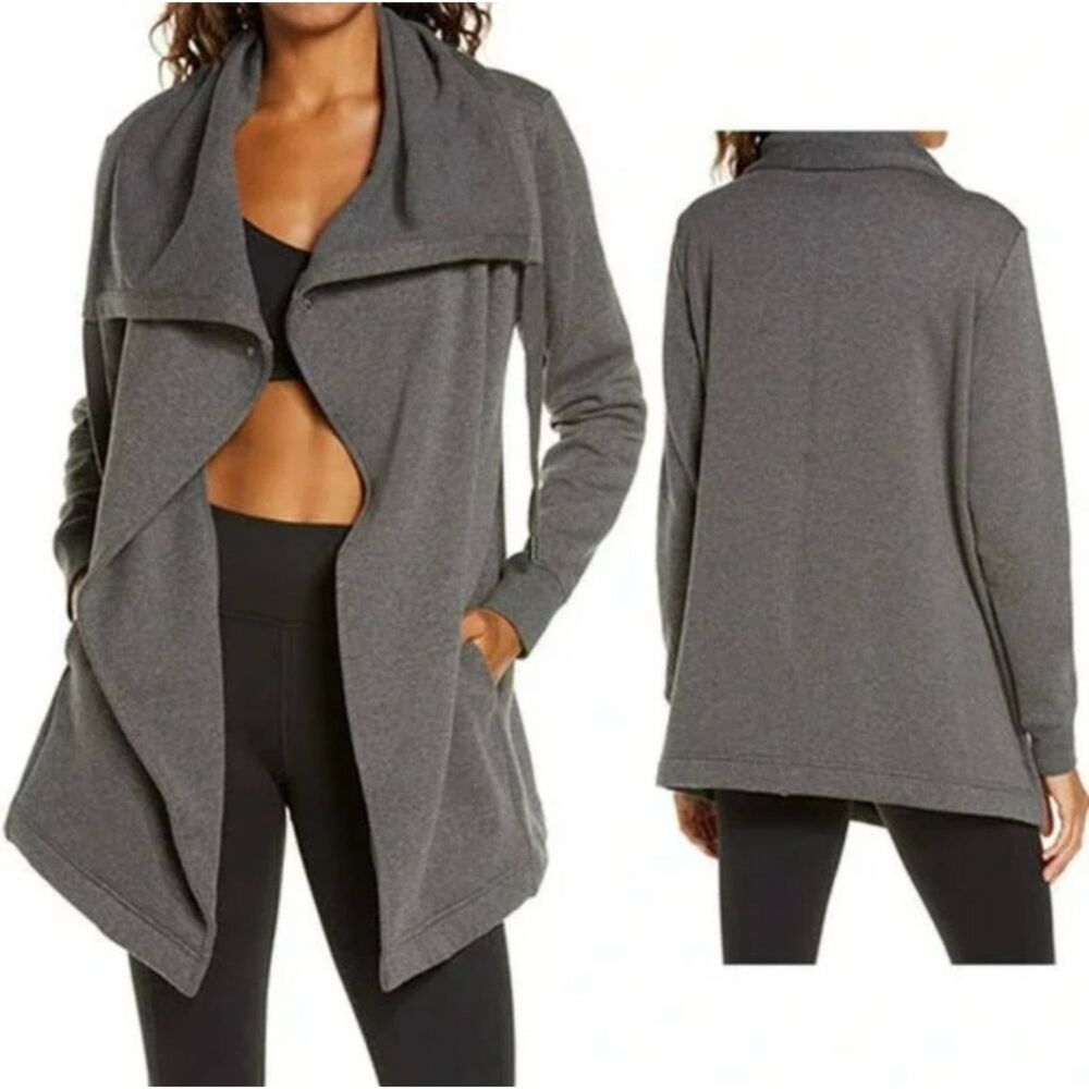 Zella Amazing Cozy Wrap Drape Front Funnel Neck Cardigan Jacket Gray S